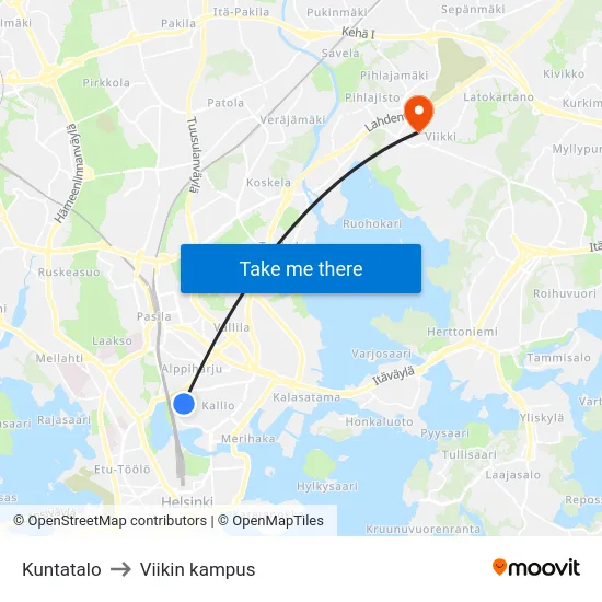 Kuntatalo to Viikin kampus map