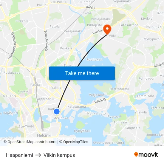 Haapaniemi to Viikin kampus map