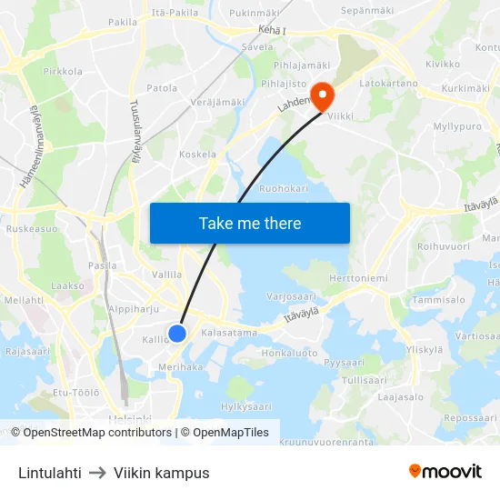 Lintulahti to Viikin kampus map