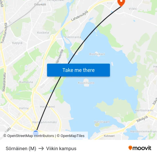 Sörnäinen (M) to Viikin kampus map
