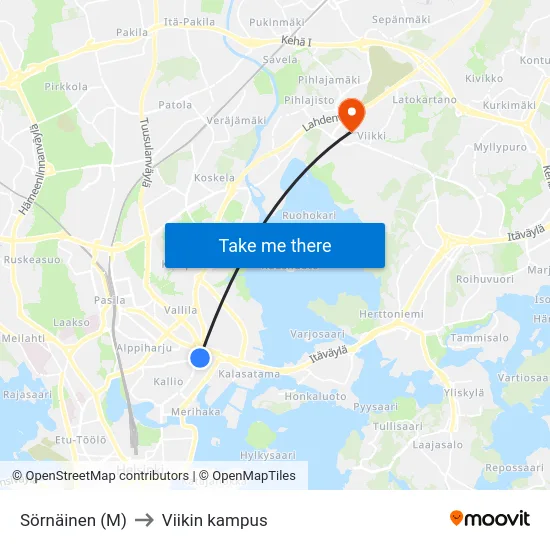Sörnäinen (M) to Viikin kampus map