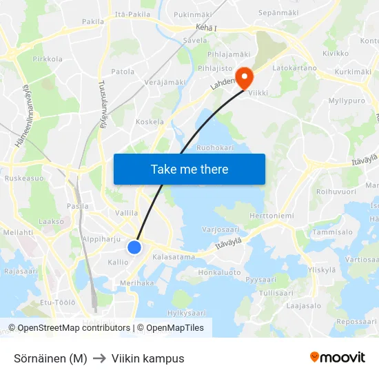Sörnäinen (M) to Viikin kampus map