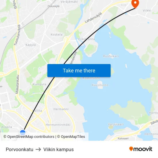 Porvoonkatu to Viikin kampus map