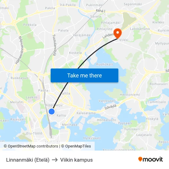 Linnanmäki (Etelä) to Viikin kampus map