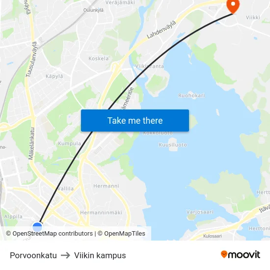 Porvoonkatu to Viikin kampus map