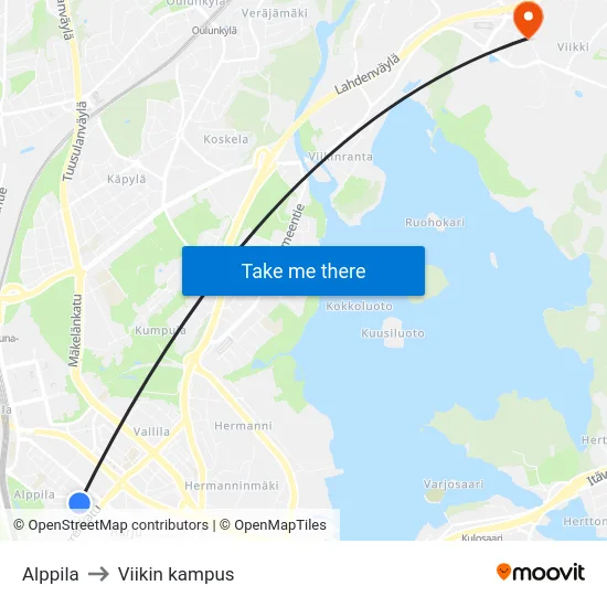 Alppila to Viikin kampus map