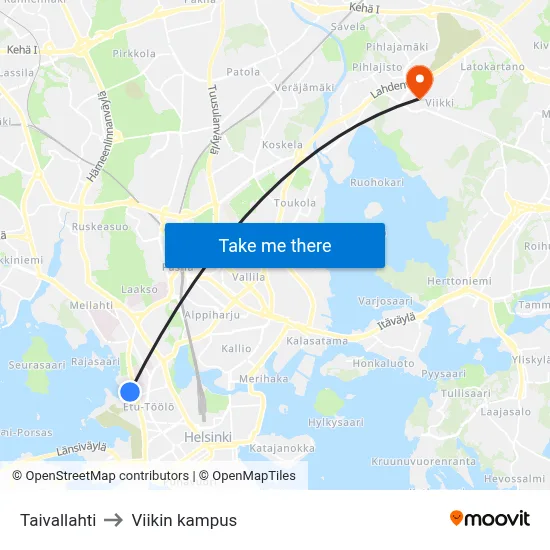 Taivallahti to Viikin kampus map