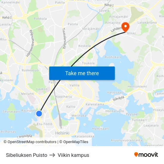 Sibeliuksen Puisto to Viikin kampus map