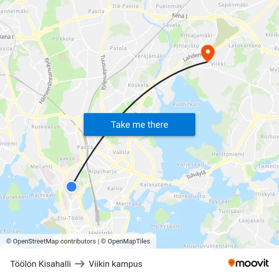Töölön Kisahalli to Viikin kampus map