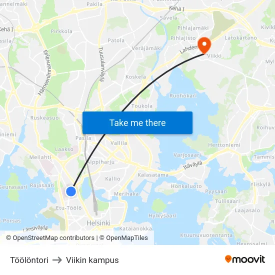 Töölöntori to Viikin kampus map