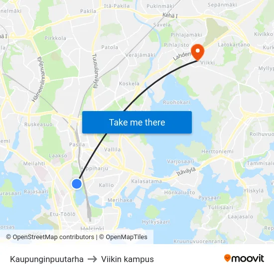 Kaupunginpuutarha to Viikin kampus map