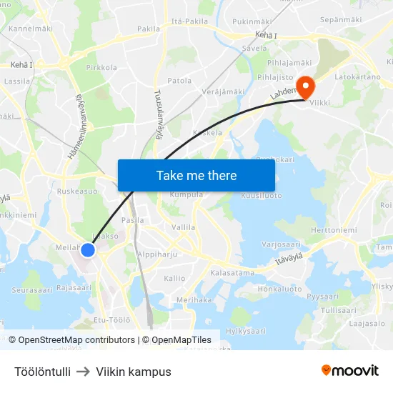 Töölöntulli to Viikin kampus map