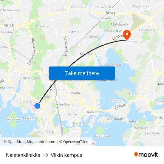 Naistenklinikka to Viikin kampus map
