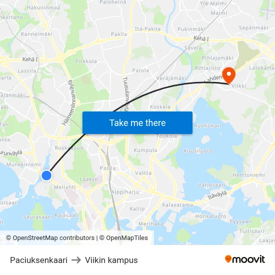Paciuksenkaari to Viikin kampus map