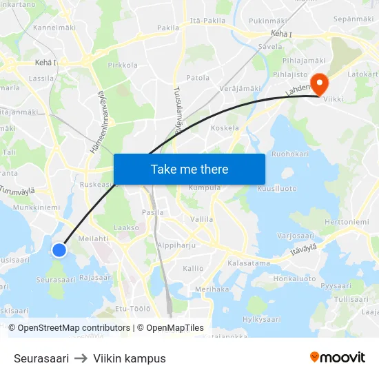 Seurasaari to Viikin kampus map