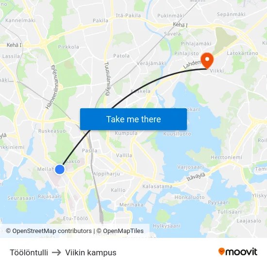 Töölöntulli to Viikin kampus map