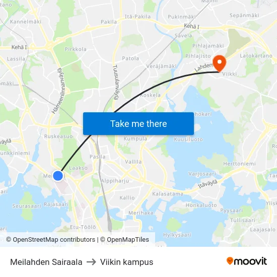 Meilahden Sairaala to Viikin kampus map