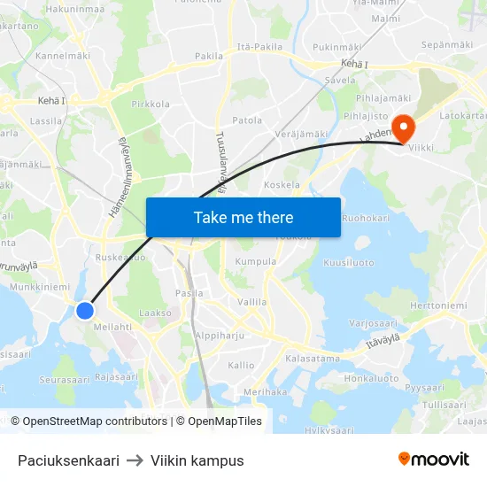 Paciuksenkaari to Viikin kampus map