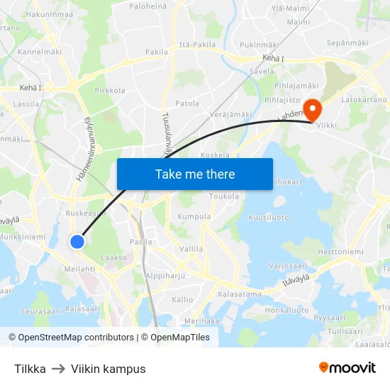 Tilkka to Viikin kampus map