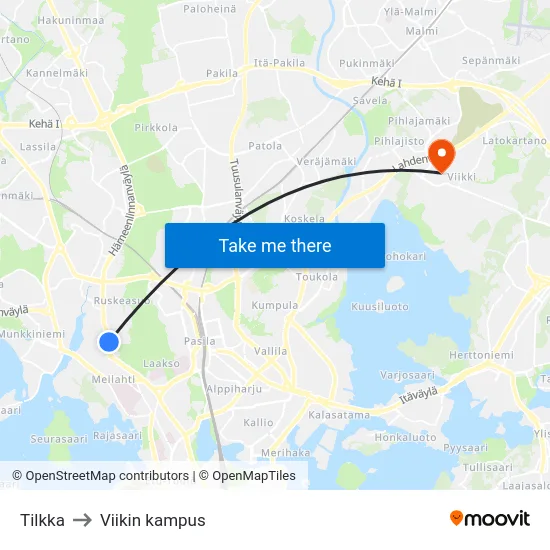 Tilkka to Viikin kampus map