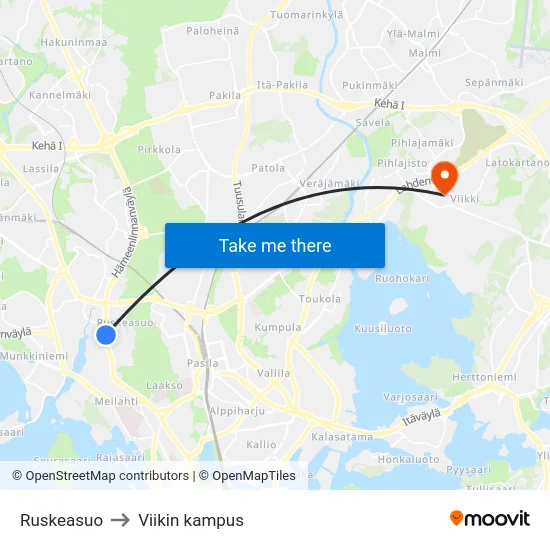 Ruskeasuo to Viikin kampus map