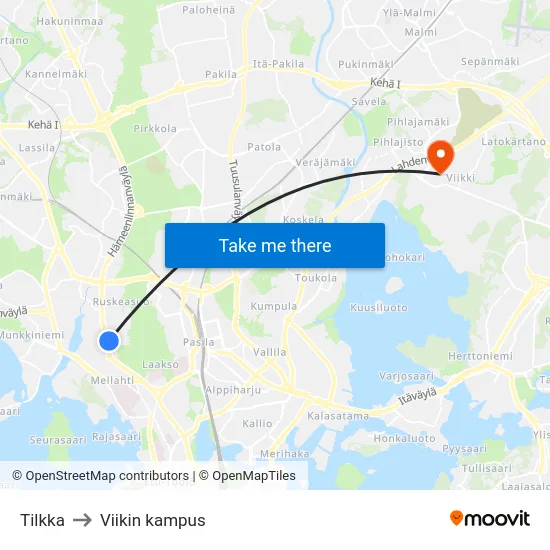 Tilkka to Viikin kampus map