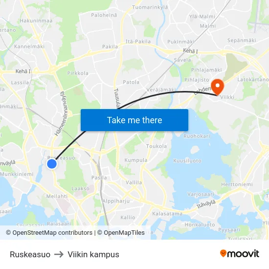 Ruskeasuo to Viikin kampus map