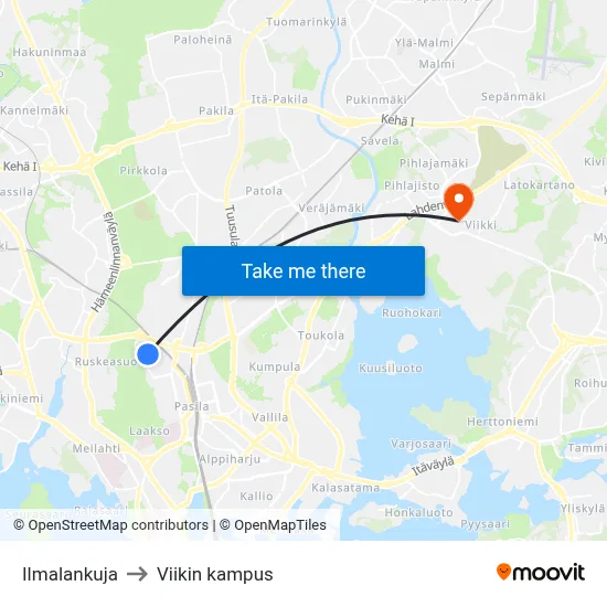Ilmala Alley to Viikki Campus map
