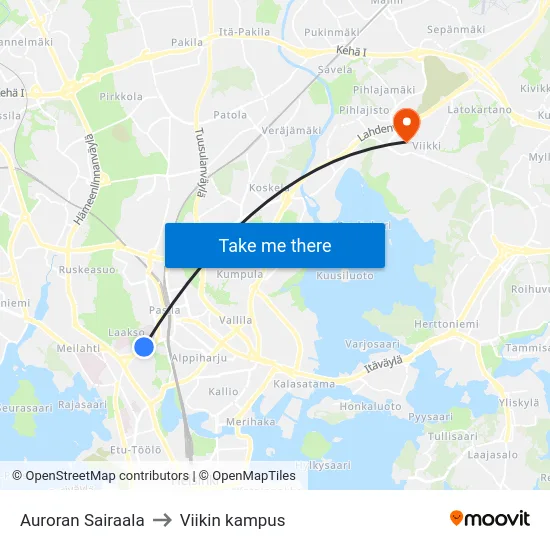 Auroran Sairaala to Viikin kampus map