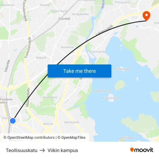 Teollisuuskatu to Viikin kampus map