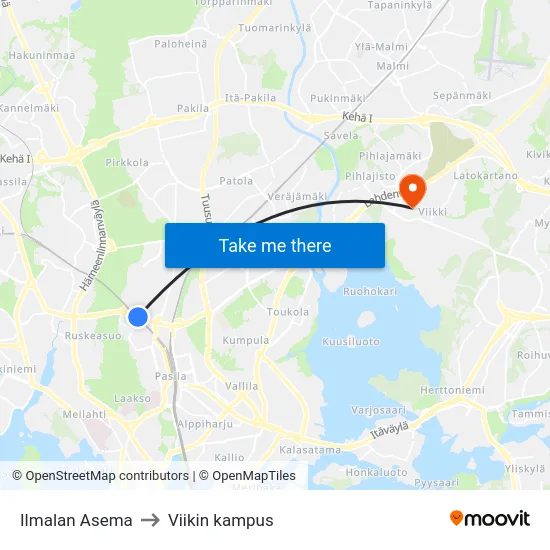 Ilmalan Asema to Viikin kampus map