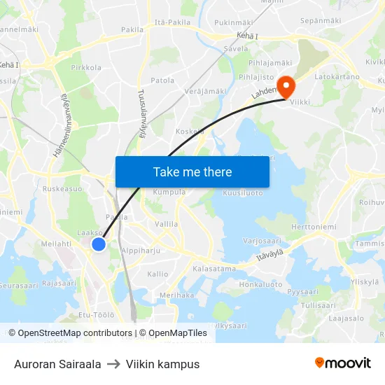Auroran Sairaala to Viikin kampus map