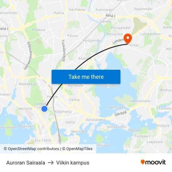 Aurora Hospital to Viikki Campus map