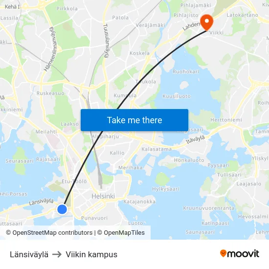 Länsiväylä to Viikin kampus map