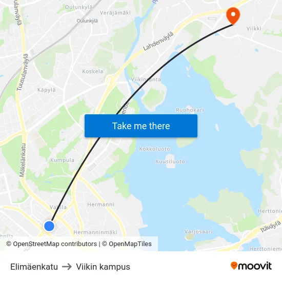 Elimäenkatu to Viikin kampus map