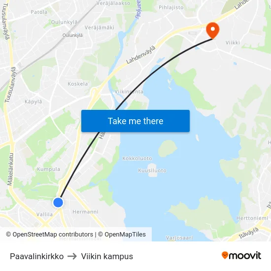 Paavalinkirkko to Viikin kampus map