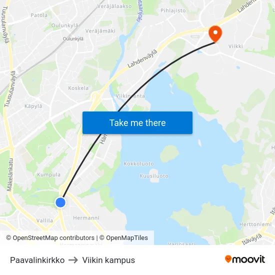 Paavalinkirkko to Viikin kampus map