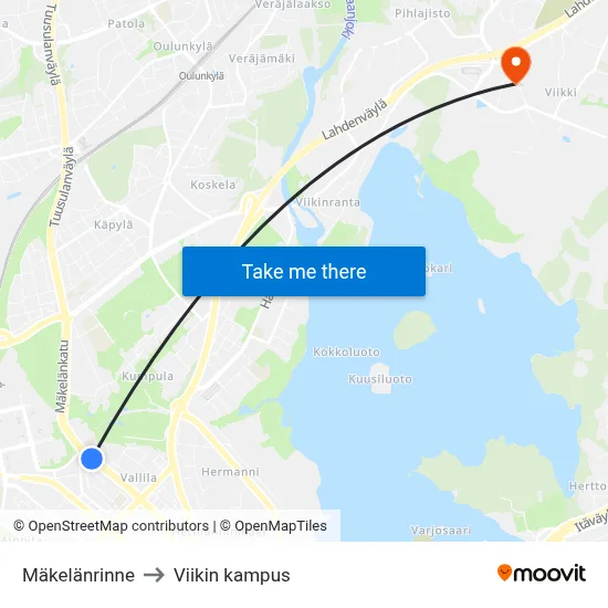 Mäkelänrinne to Viikin kampus map