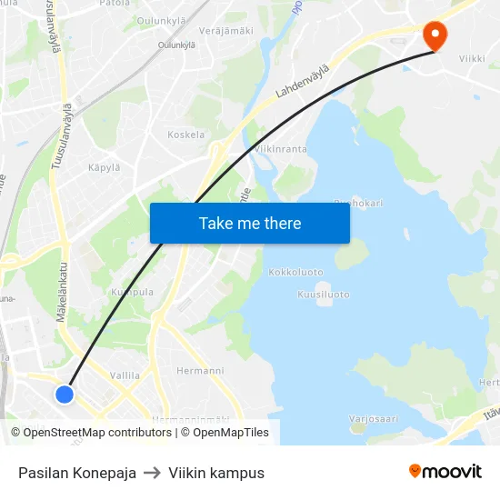Pasilan Konepaja to Viikin kampus map