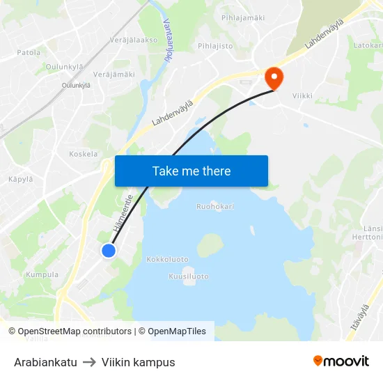 Arabiankatu to Viikin kampus map