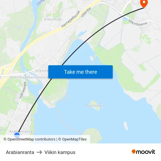 Arabianranta to Viikin kampus map