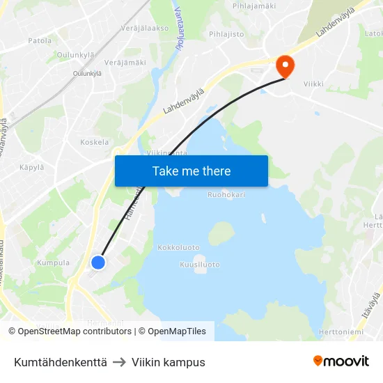 Kumtähdenkenttä to Viikin kampus map