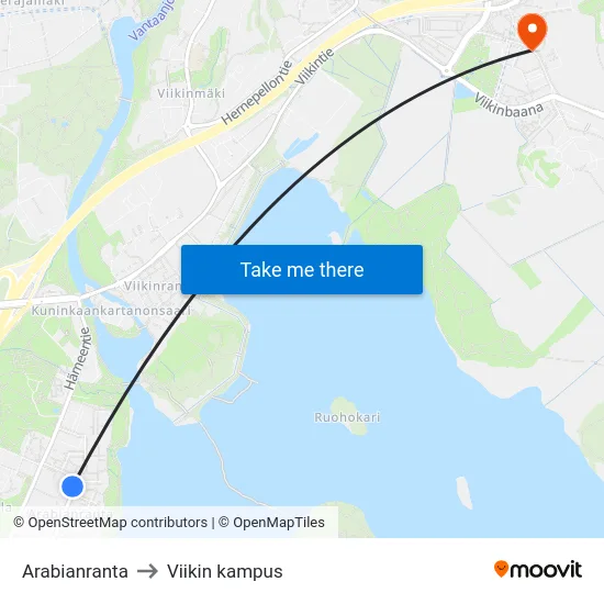 Arabianranta to Viikin kampus map