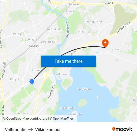 Valtimontie to Viikin kampus map