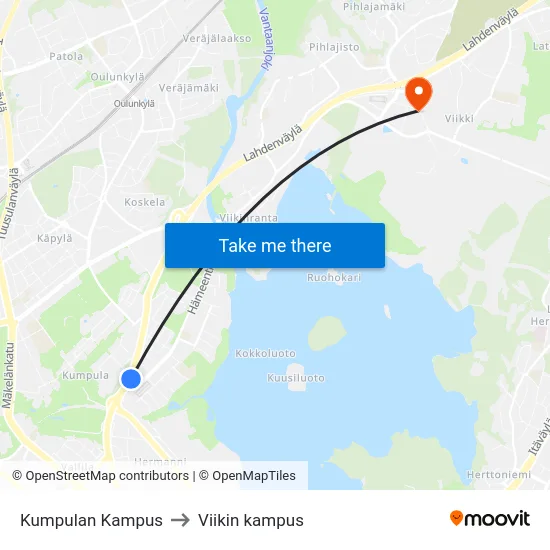 Kumpulan Kampus to Viikin kampus map