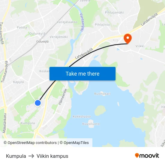 Kumpula to Viikin kampus map