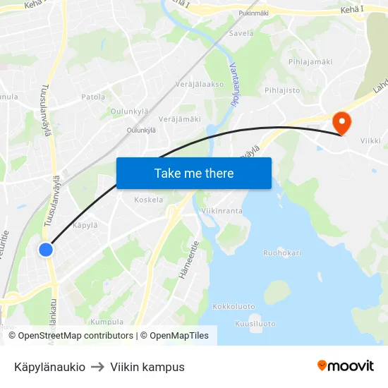 Käpylänaukio to Viikin kampus map