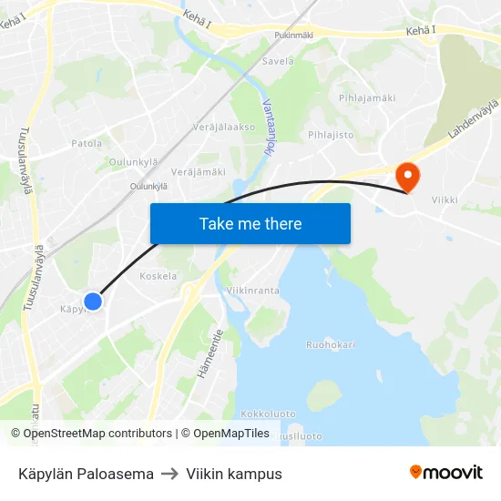 Käpylän Paloasema to Viikin kampus map