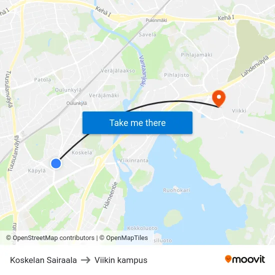 Koskelan Sairaala to Viikin kampus map