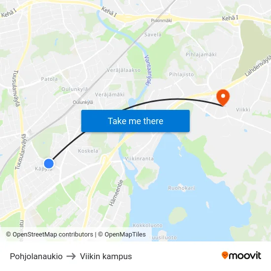 Pohjolanaukio to Viikin kampus map